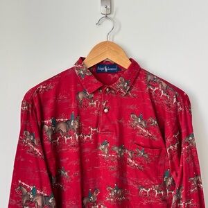 Vintage 80s Fox Hunt Equestrian Riding Red AOP Shirt Women’s L Pearl Button